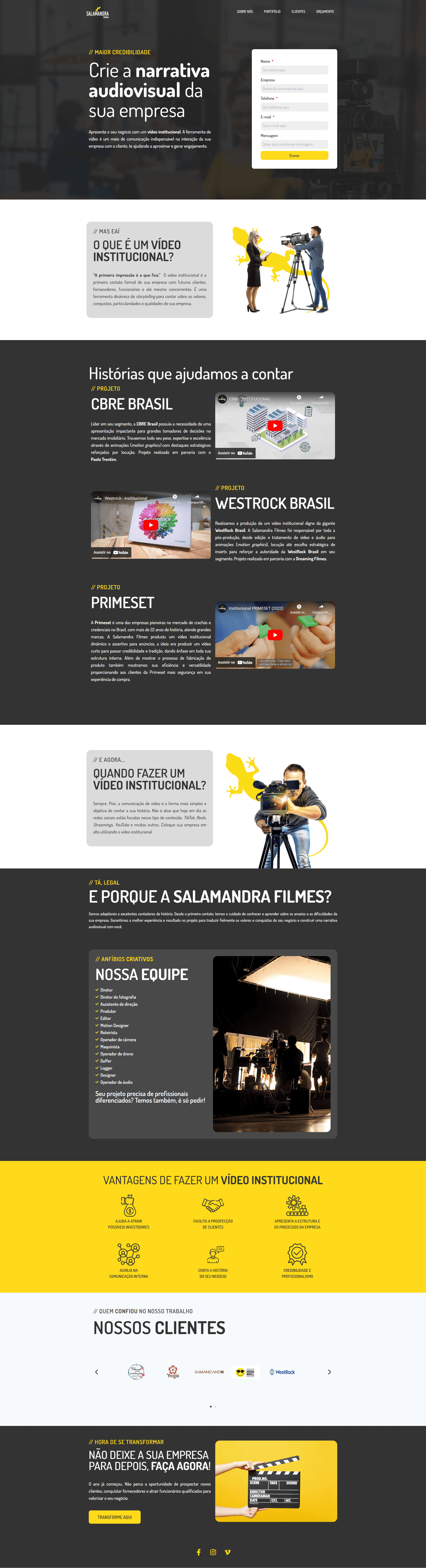 Página completa do site profissional da Salamandra Filmes